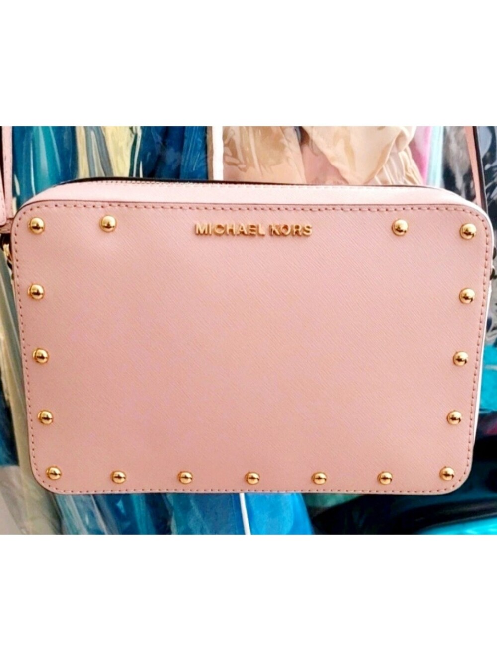 Michael Kors Sandrine Gold Studded Pink Crossbody Bag.